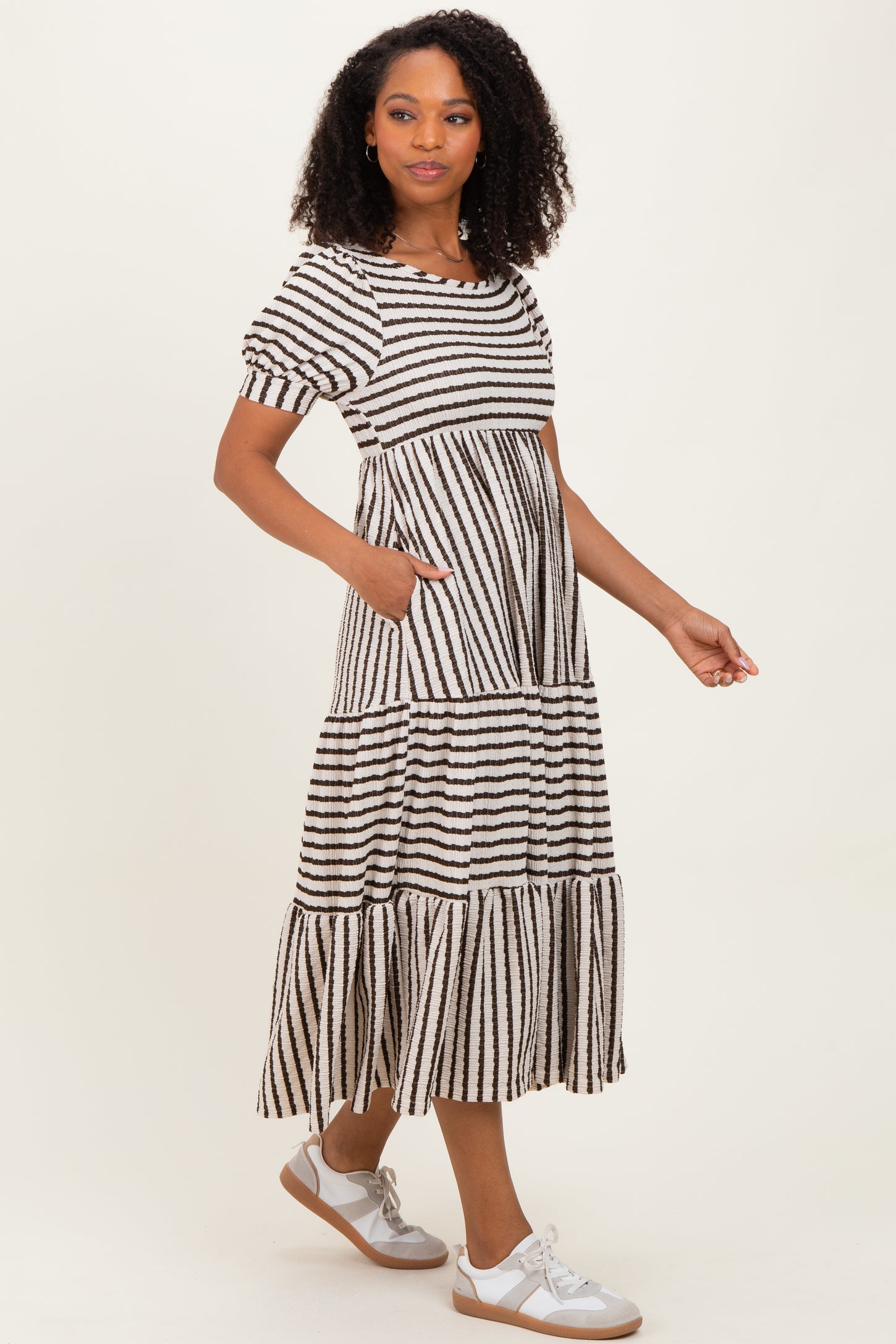 Cream/Olive Striped Short Sleeve Tiered Maxi Dress
