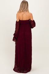 Burgundy Lace Smocked Long Sleeve Off Shoulder Maternity Maxi Dress