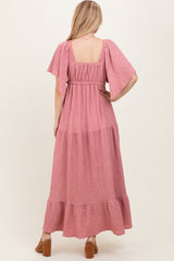 Mauve Textured Flutter Sleeve V-Neck Tiered Maxi Dress