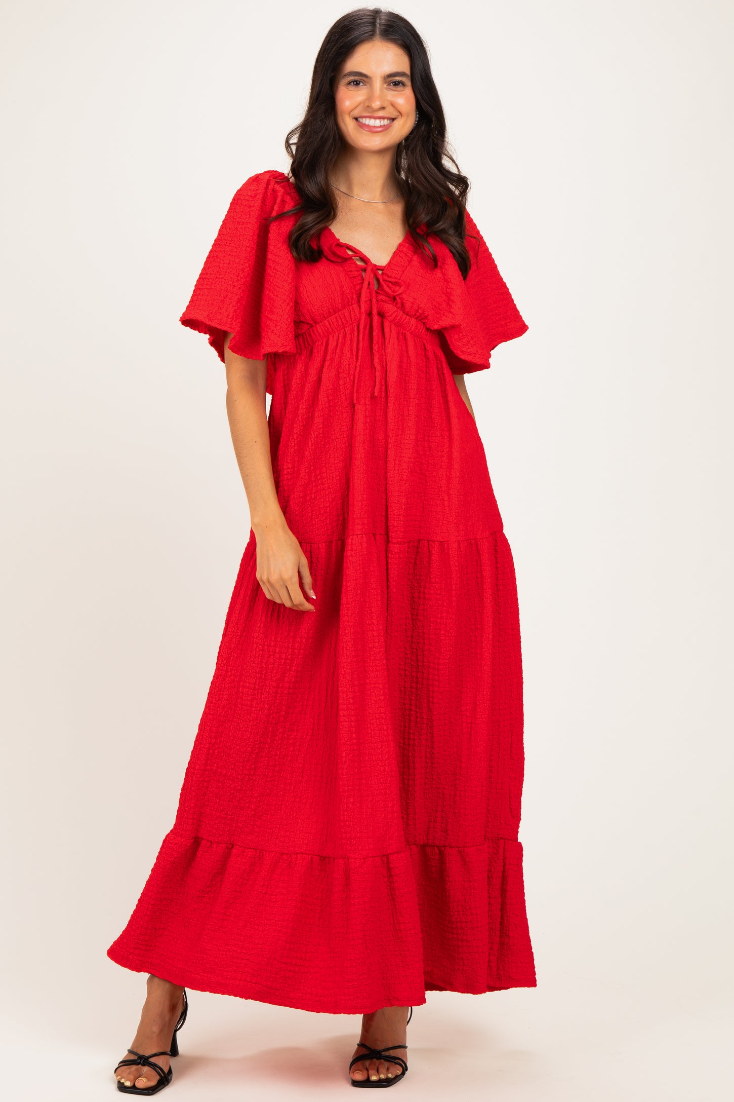 Red Woven Textured Flutter Sleeve V-Neck Tiered Maternity Maxi Dress