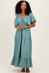 Sage Woven Textured Flutter Sleeve V-Neck Tiered Maternity Maxi Dress