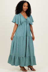 Sage Textured Flutter Sleeve V-Neck Tiered Maxi Dress