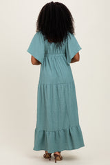Sage Textured Flutter Sleeve V-Neck Tiered Maxi Dress