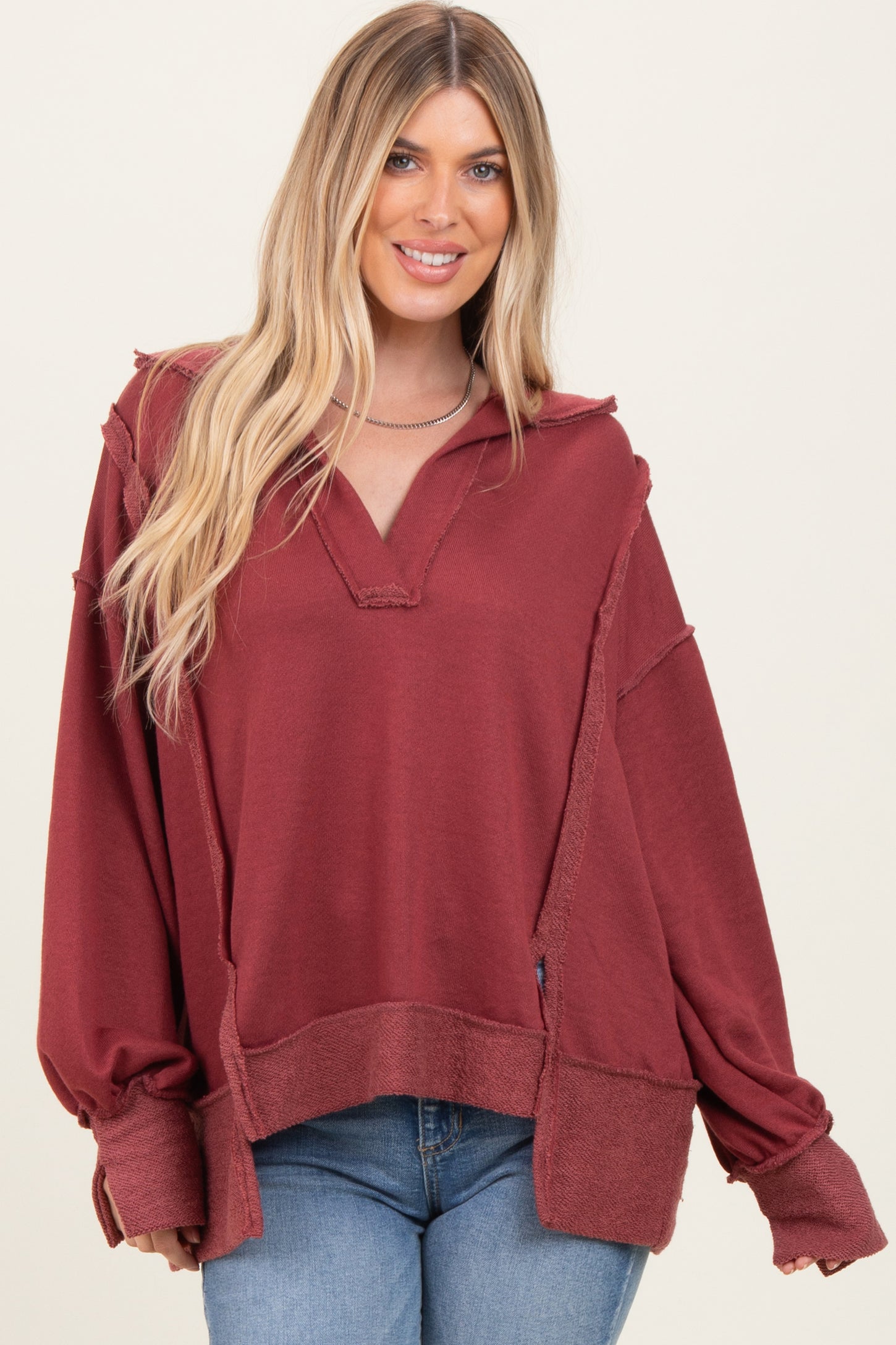 Burgundy Long Sleeve Reverse Stitch Collared Maternity Top