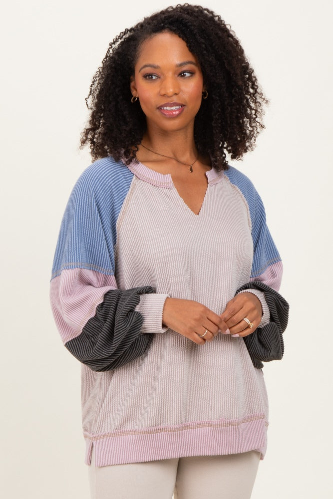 Mauve Color Block Long Sleeve V-Neck Maternity Top