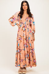 Peach Floral Long Sleeve Smocked Top Tiered Maternity Maxi Dress