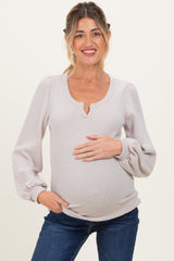 Beige Solid Ribbed Long Sleeve V-Neck Maternity Tunic Top