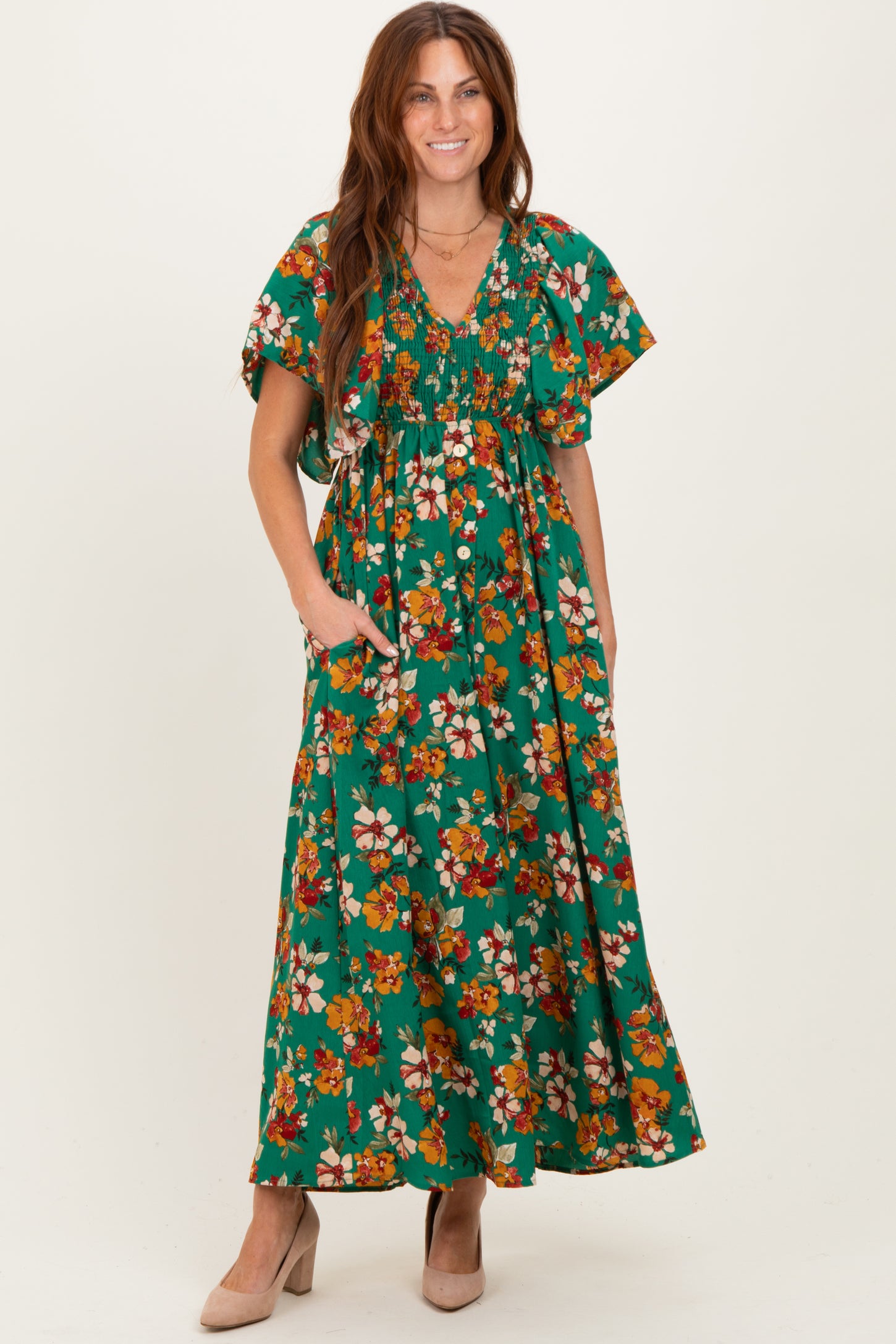 Hunter Green Fall Floral Short Sleeve V-Neck Maxi Dress