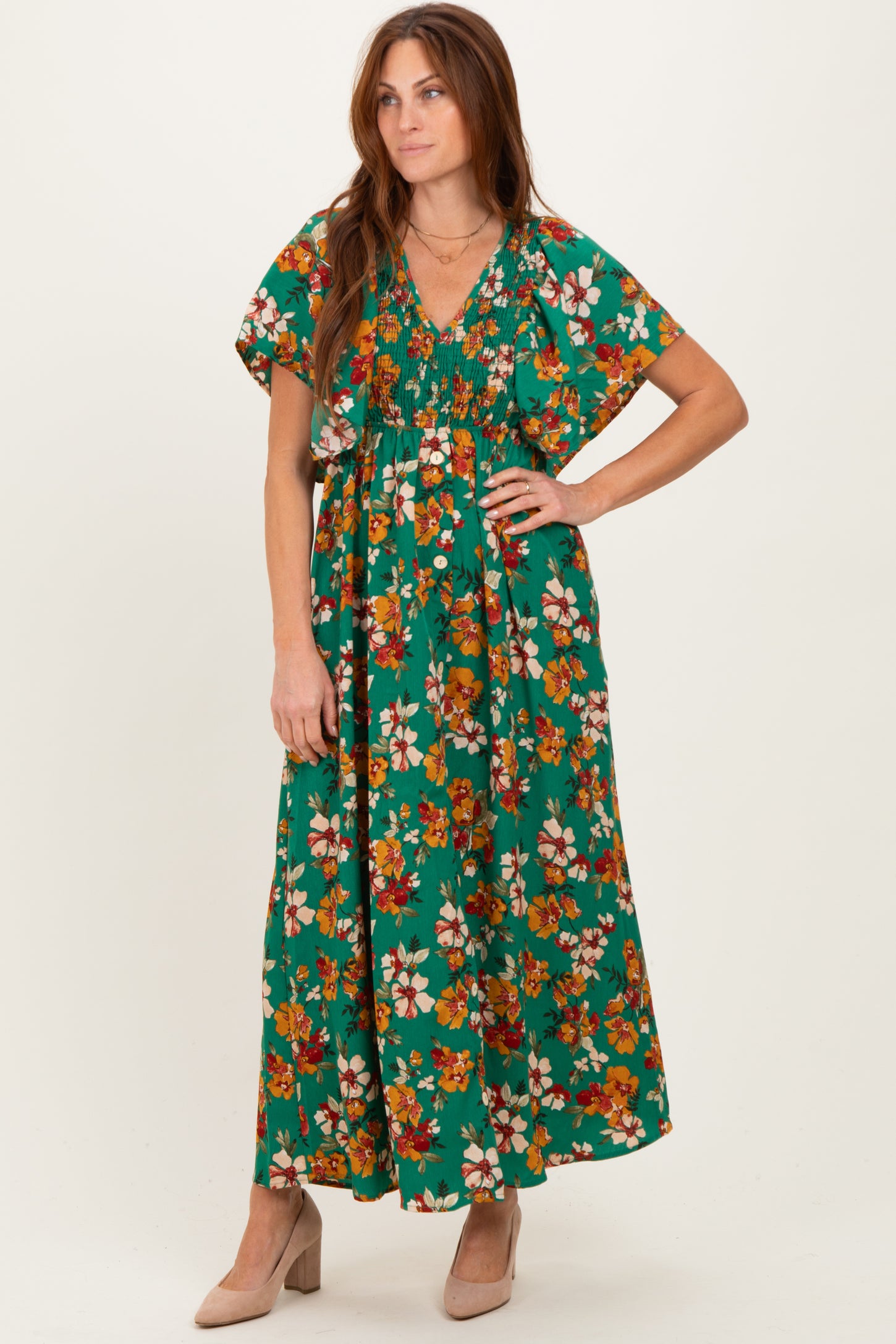 Hunter Green Fall Floral Short Sleeve V-Neck Maxi Dress