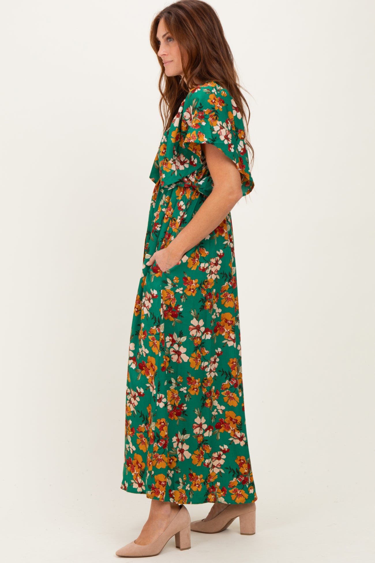Hunter Green Fall Floral Short Sleeve V-Neck Maxi Dress