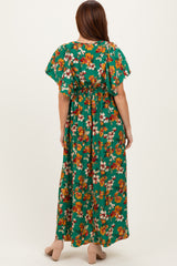 Hunter Green Fall Floral Short Sleeve V-Neck Maxi Dress