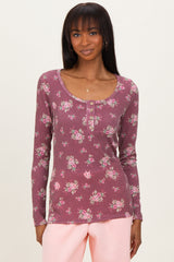 Burgundy Floral Ribbed Long Sleeve Button Down Tunic Top