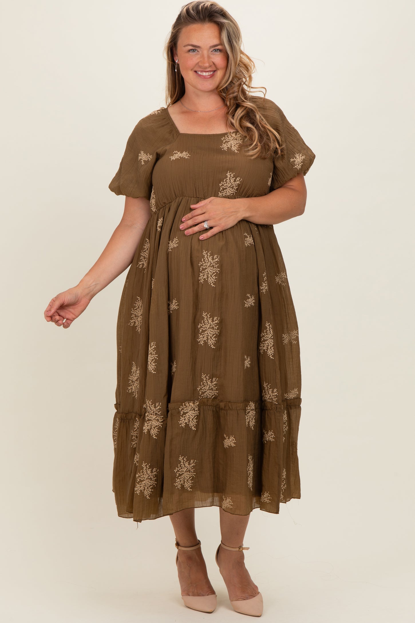 Taupe Floral Print Ruffle Hem Maternity Plus Midi Dress