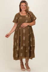 Taupe Floral Print Ruffle Hem Maternity Plus Midi Dress