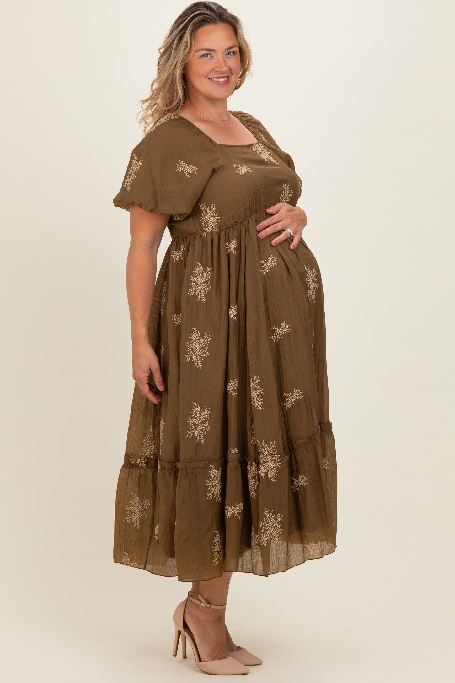 Taupe Floral Print Ruffle Hem Maternity Plus Midi Dress