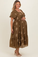 Taupe Floral Print Ruffle Hem Maternity Plus Midi Dress