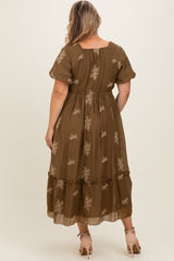 Taupe Floral Print Ruffle Hem Maternity Plus Midi Dress
