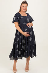Navy Floral Print Ruffle Hem Maternity Plus Midi Dress