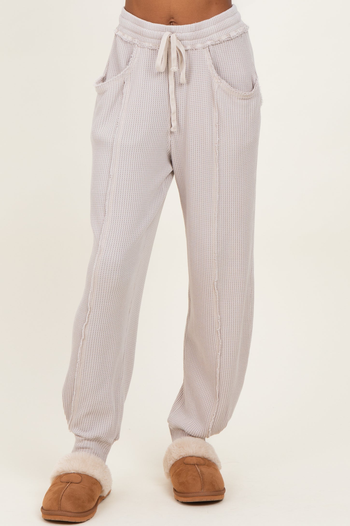 Beige Raw Seam Waffle Knit Joggers