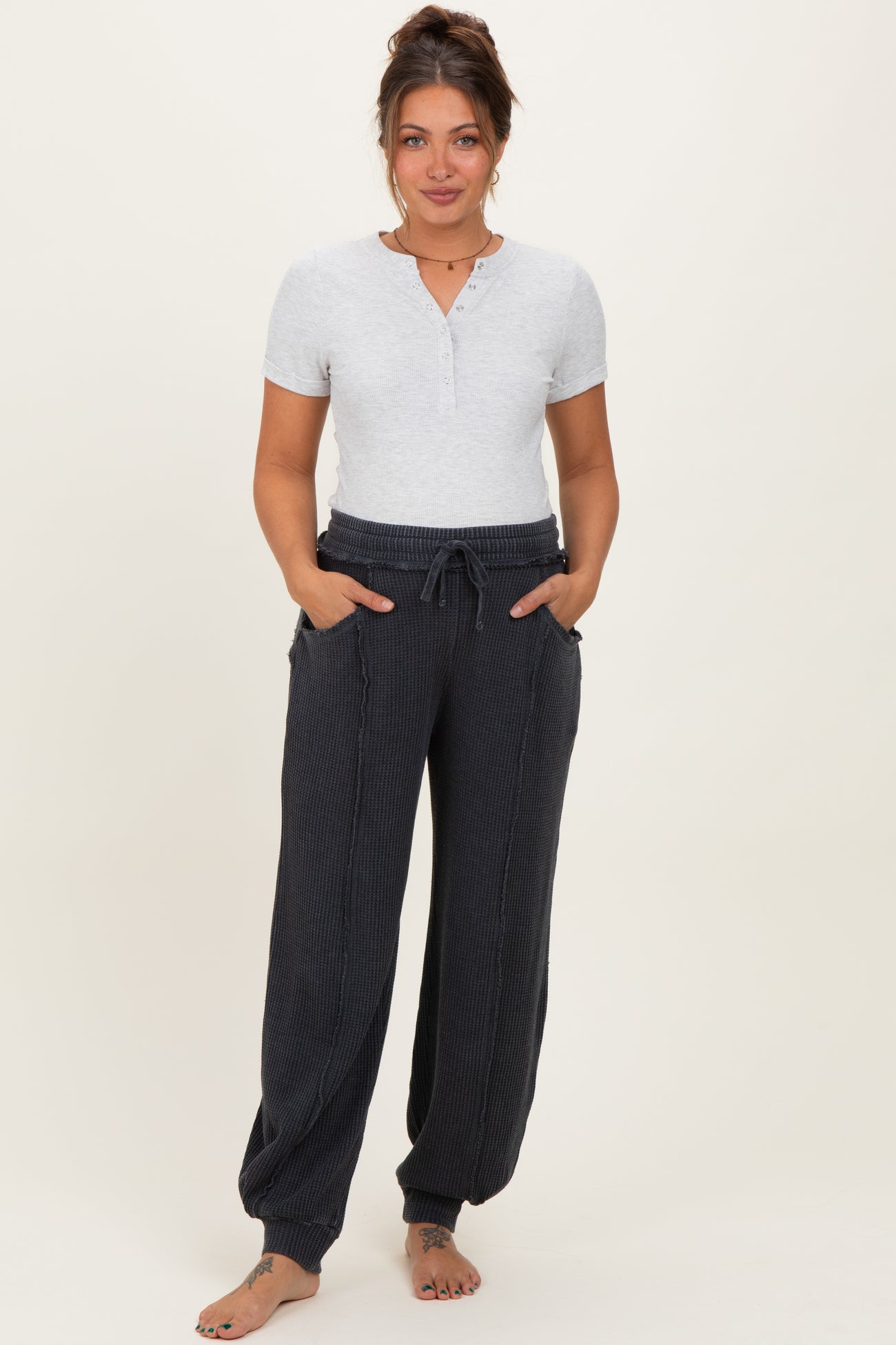 Black Raw Seam Waffle Knit Maternity Joggers