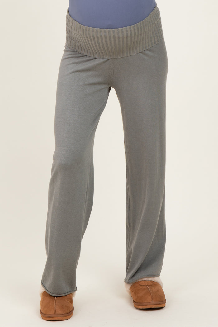 Olive Ribbed Knit Foldover Waist Maternity Pants