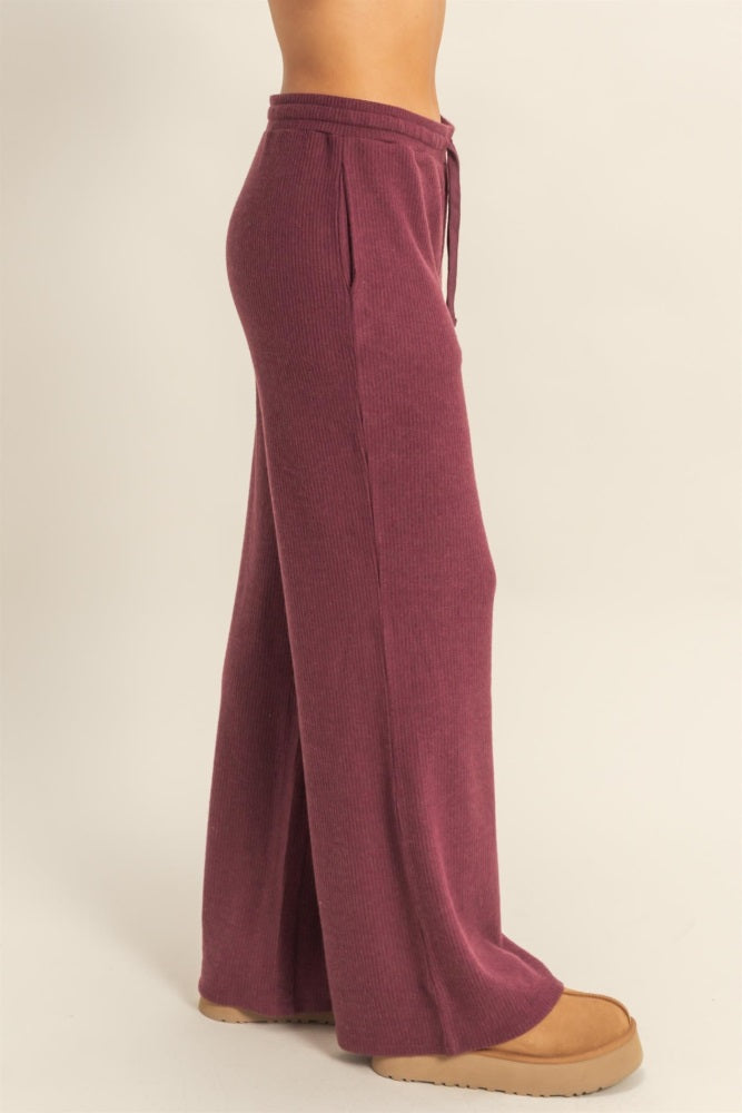 Burgundy Brushed Ribbed Knit Lounge Pants