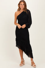 Black Mesh Ruched One Shoulder Asymmetric Maternity Dress