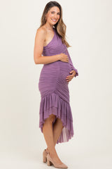 Lavender Mesh Ruched One Shoulder Asymmetric Maternity Dress