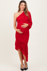 Red Mesh Ruched One Shoulder Asymmetric Maternity Dress