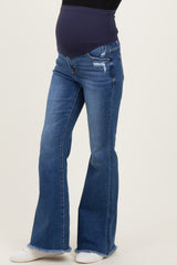 Navy Distressed Fringe Hem Maternity Flare Leg Jeans