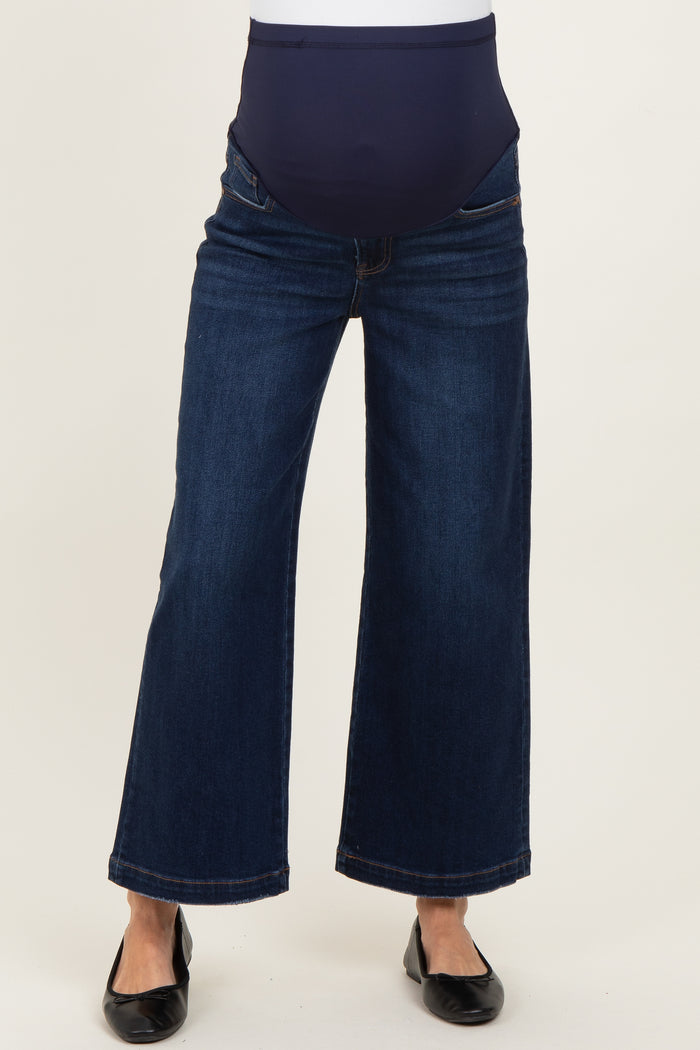 Navy Dark Wash Cropped Maternity Wide Leg Jeans