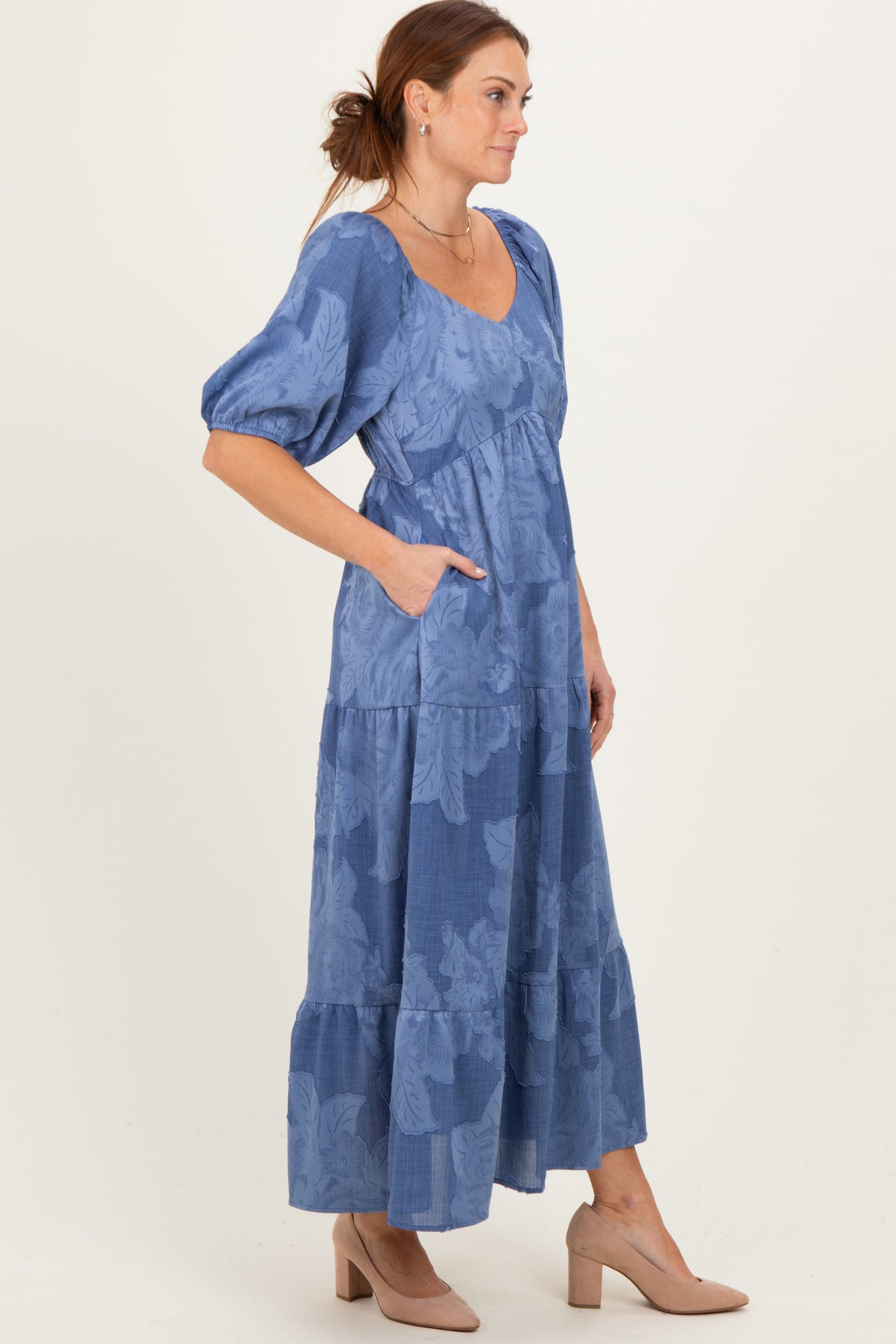 Blue Floral Textured Tiered Midi Dress