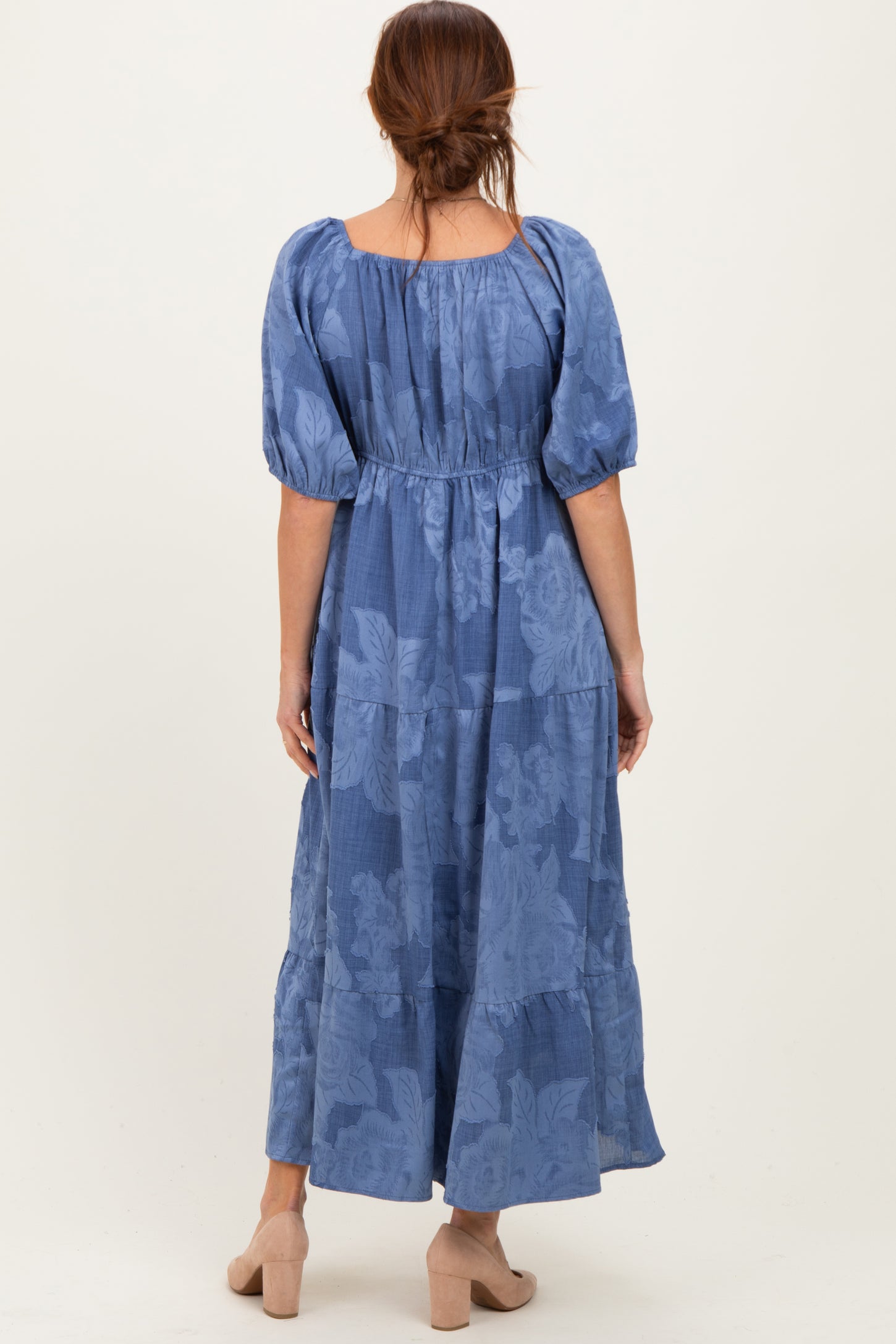Blue Floral Textured Tiered Midi Dress