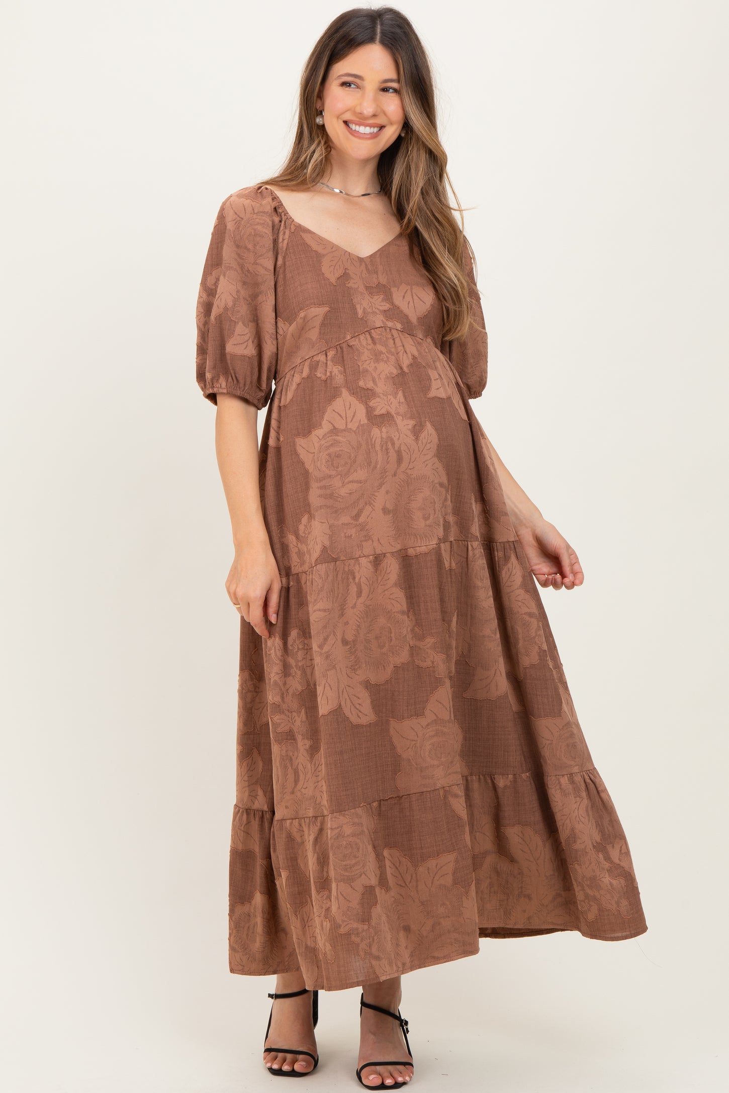 Brown Floral Textured Tiered Midi Maternity Dress