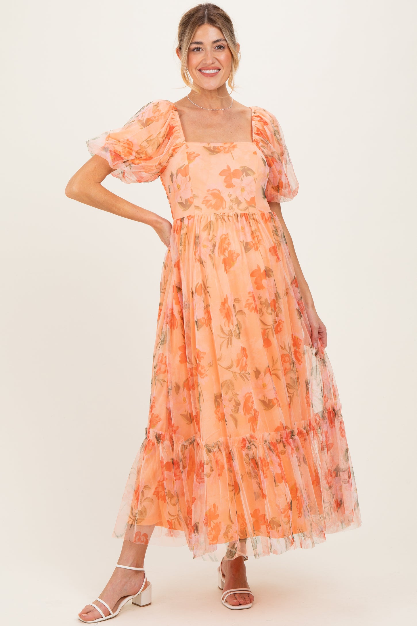 Peach Floral Maternity Midi Dress