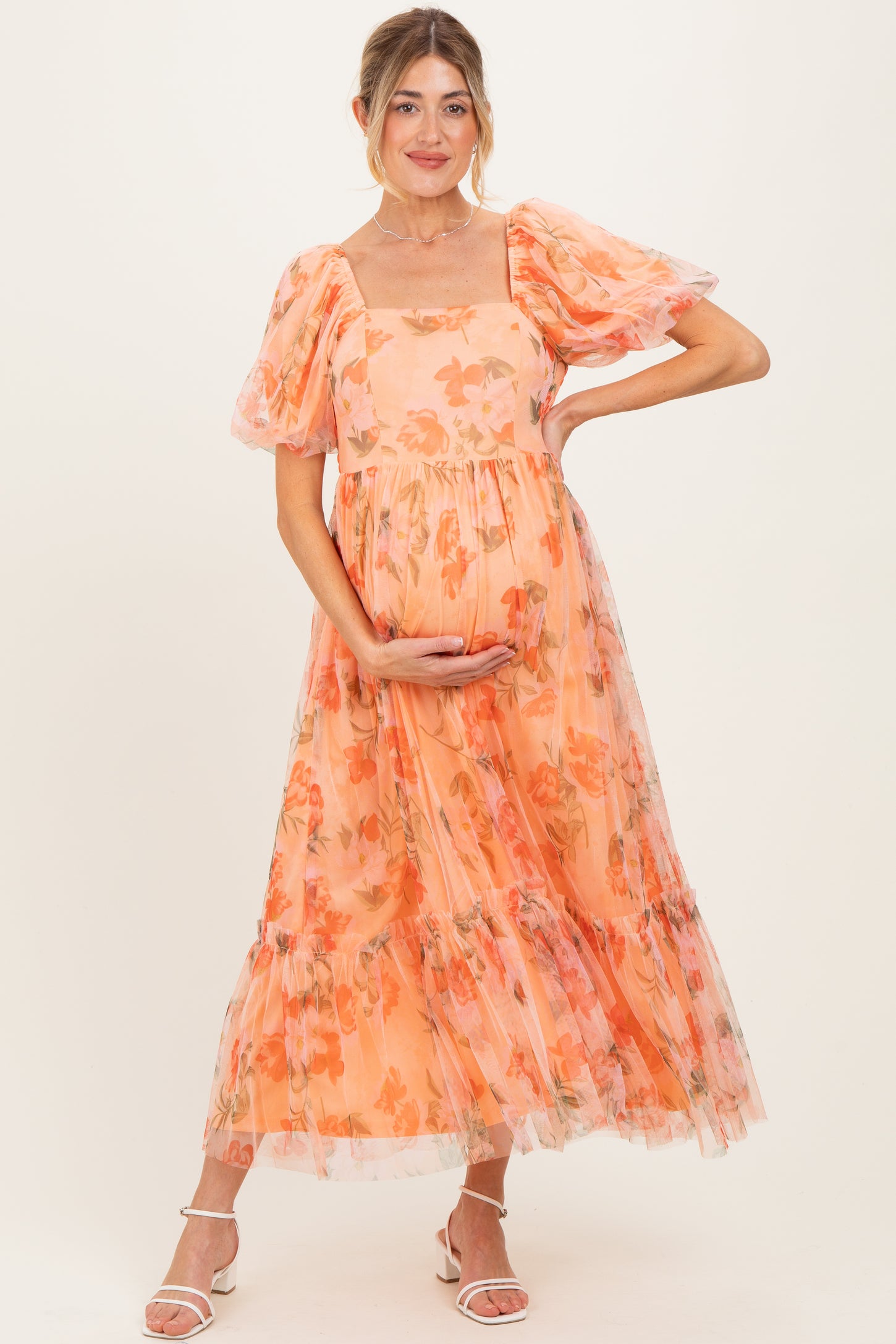 Peach Floral Maternity Midi Dress