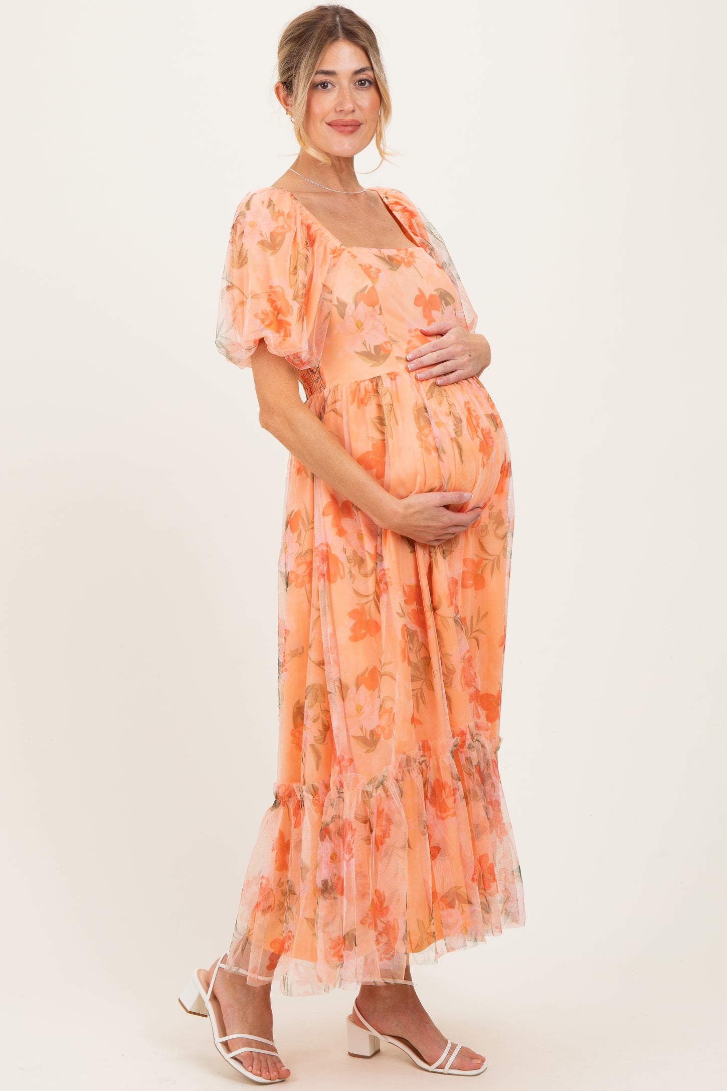 Peach Floral Maternity Midi Dress