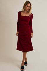 Burgundy Square Neck Long Sleeve Ruched Maternity Midi Dress