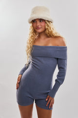 Dusty Blue Off Shoulder Knitted Maternity Romper