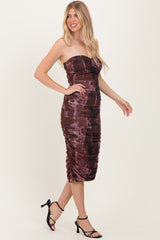 Pink Brown Tube Ruching Midi Dress