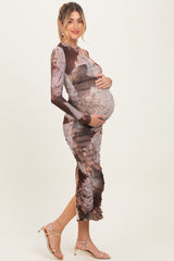 Pink Brown Ruching Midi Maternity Dress