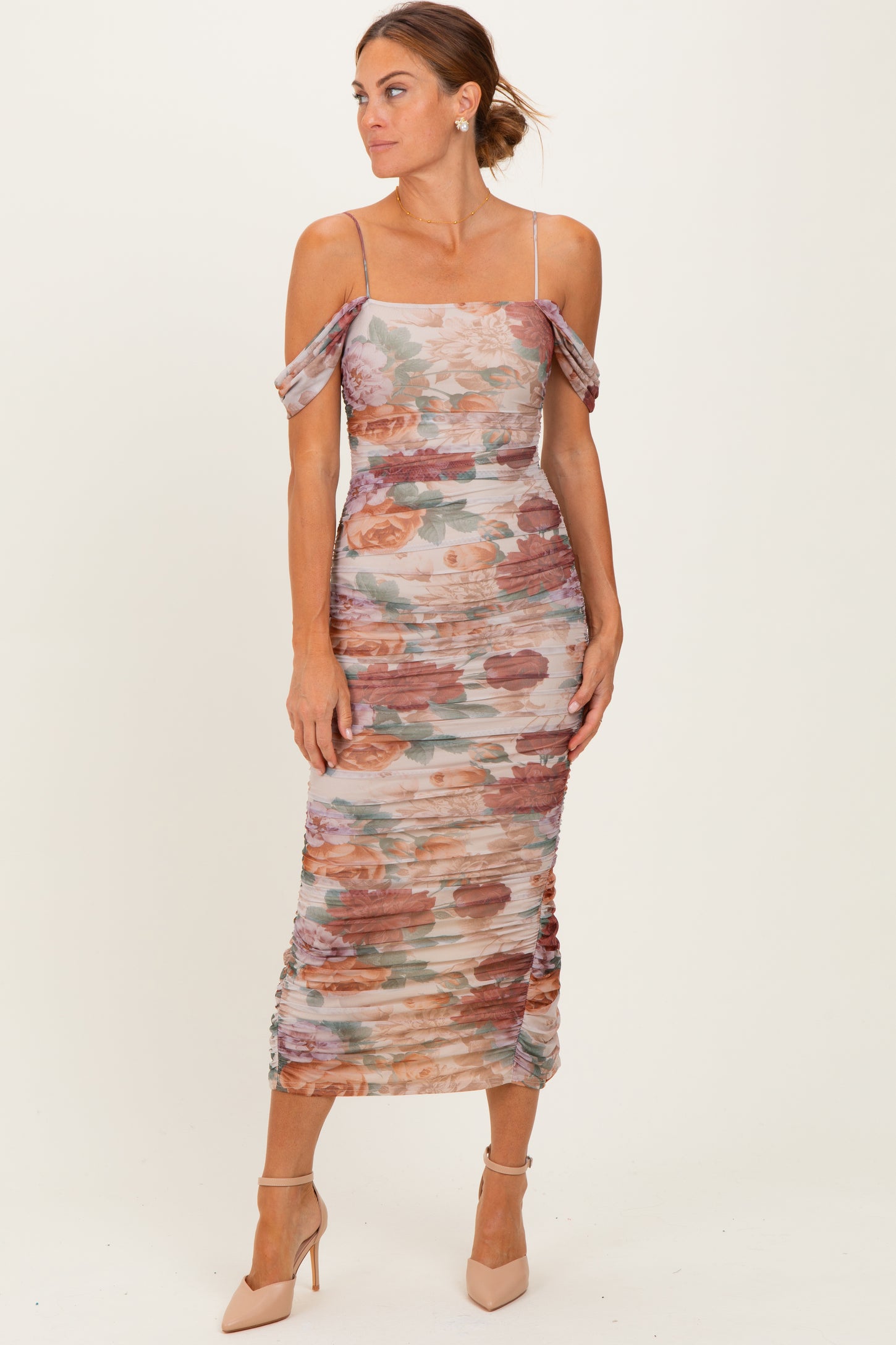 Taupe Floral Ruched Midi Dress
