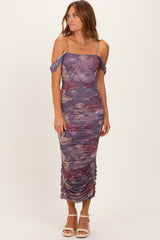 Lavender Floral Ruched Midi Maternity Dress