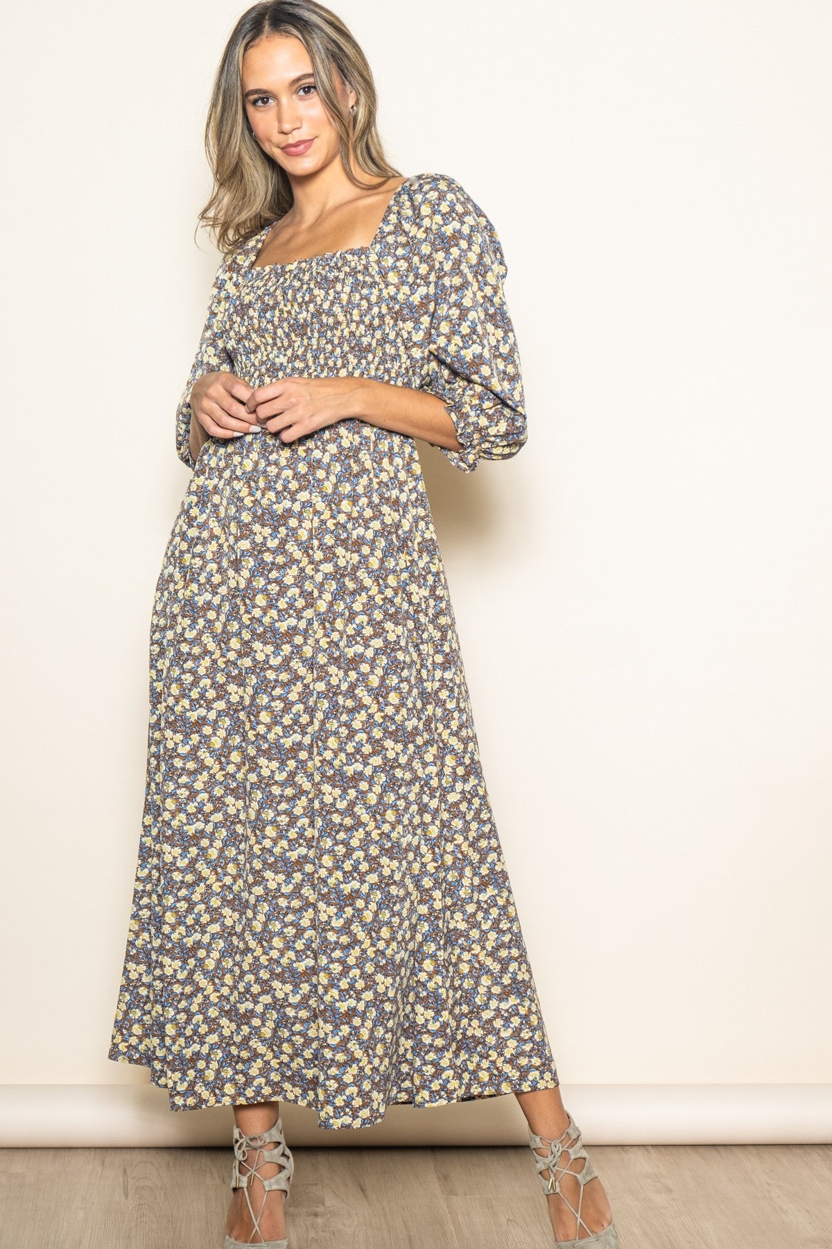 Chestnut Floral Print Smocked Bodice Maternity Maxi Dress