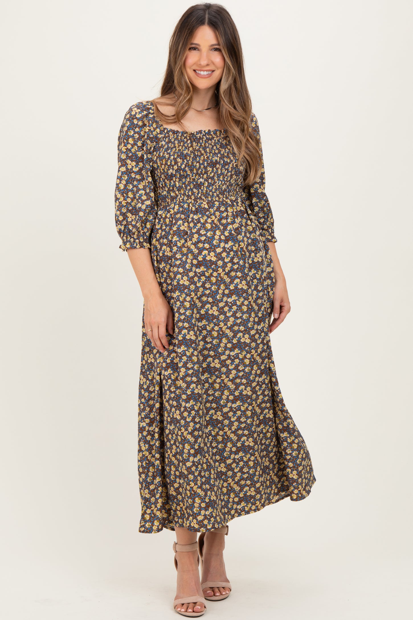 Chestnut Floral Print Smocked Bodice Maternity Maxi Dress