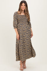 Chestnut Floral Print Smocked Bodice Maternity Maxi Dress