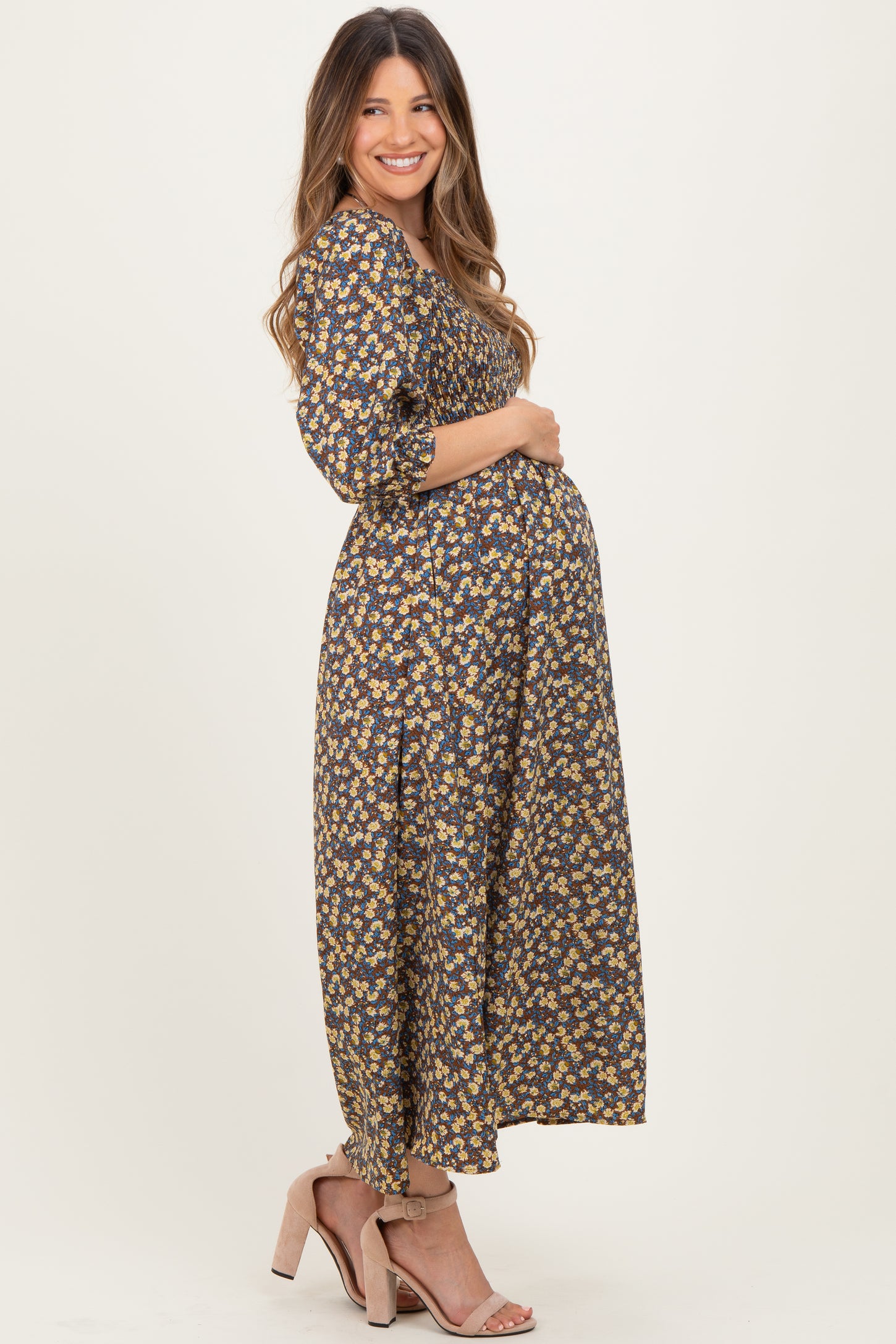 Chestnut Floral Print Smocked Bodice Maternity Maxi Dress