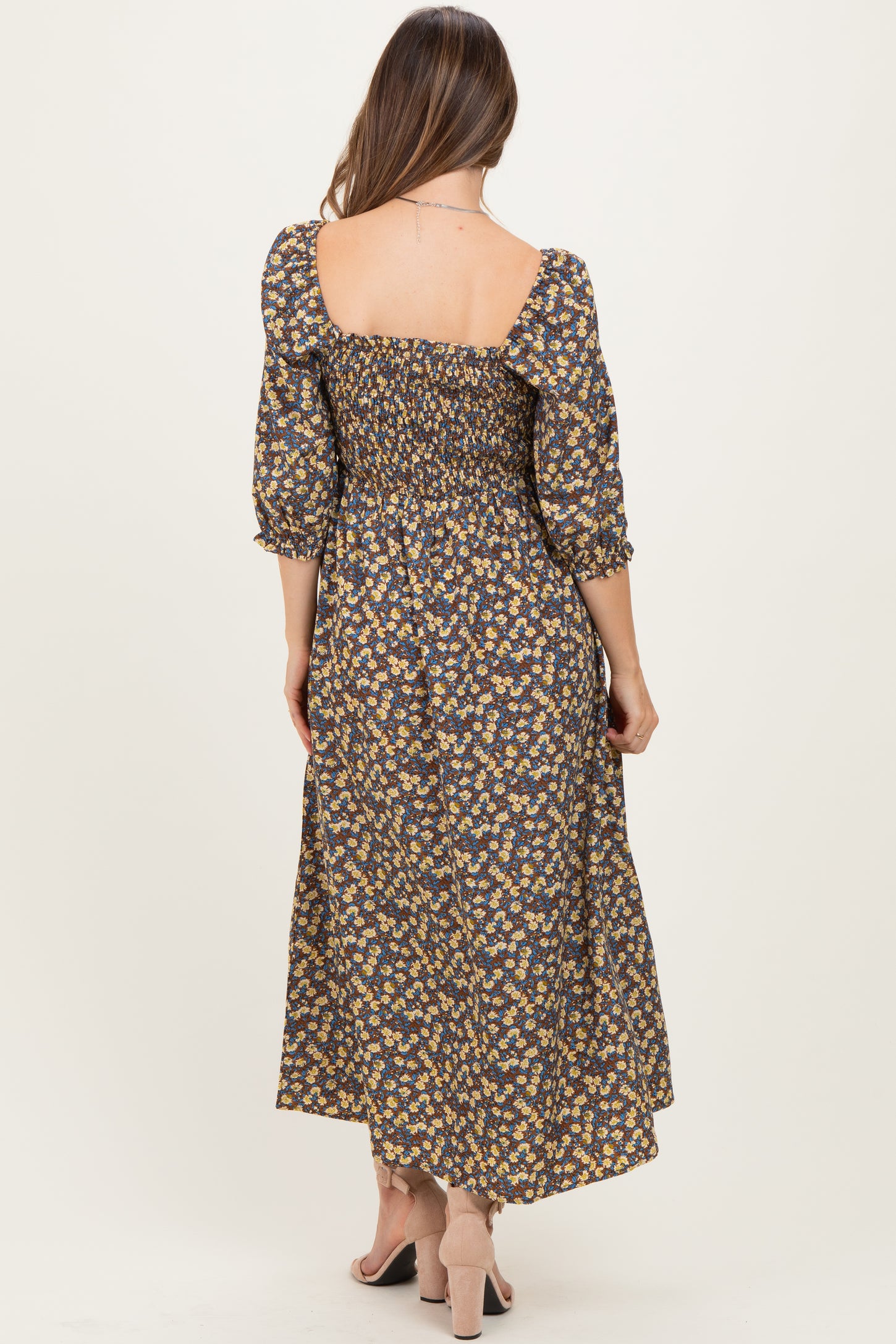 Chestnut Floral Print Smocked Bodice Maternity Maxi Dress
