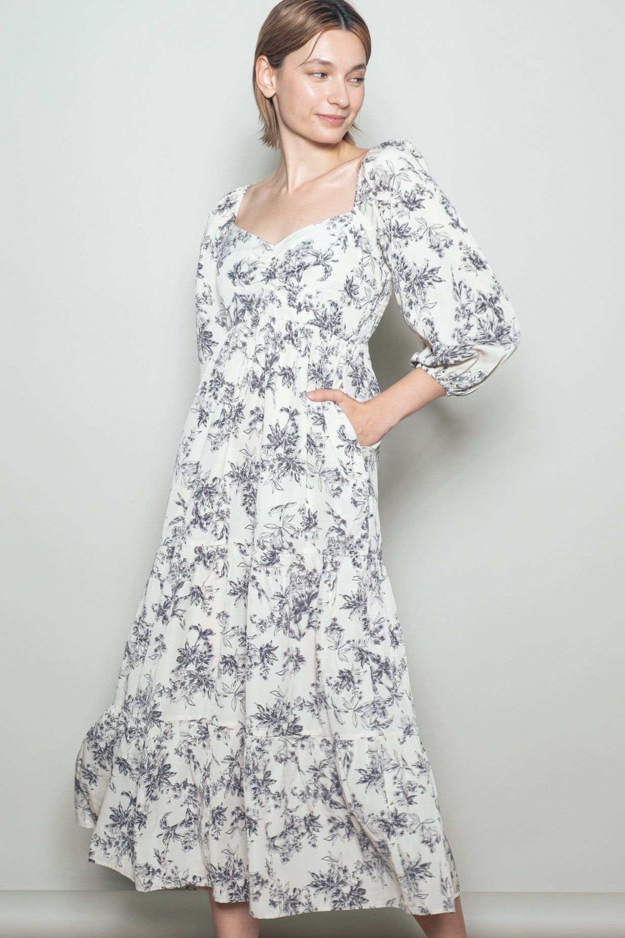 Cream Antique Floral Neck Maternity Maxi Dress