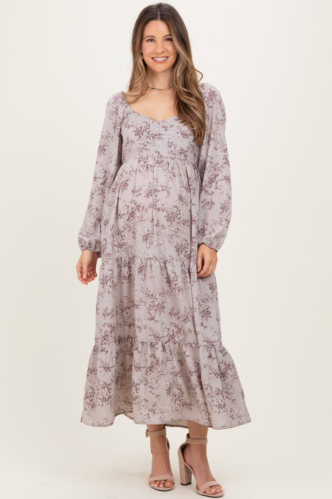 White Grey Antique Floral Neck Maternity Maxi Dress